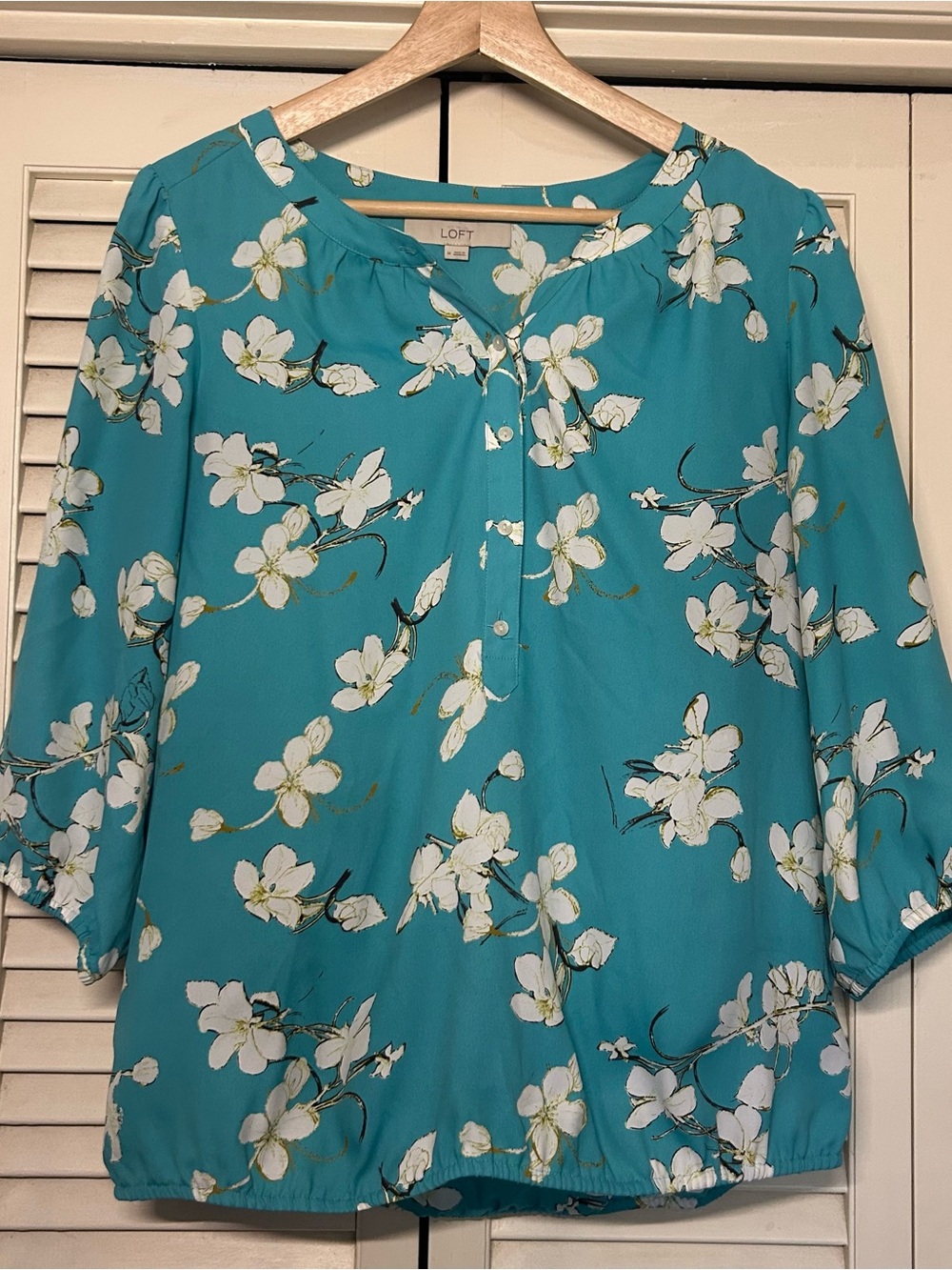 LOFT Dogwood Floral Puff Sleeve Blouse Teal Blue Medium
